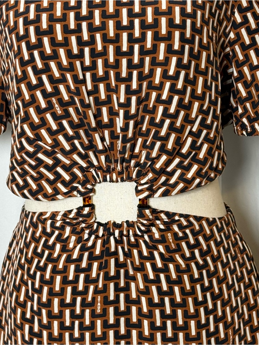 Staud Epona Mini Dress Medium NWT Basketweave Print Cutout Puff Sleeve Dress - Picture 6 of 16